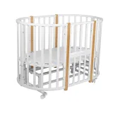INDIGO Кровать детская Born 7в1 с поперечным маятником (круг/овал, манеж, 2 кресла, стол) массив (белый-натуральный NEW)